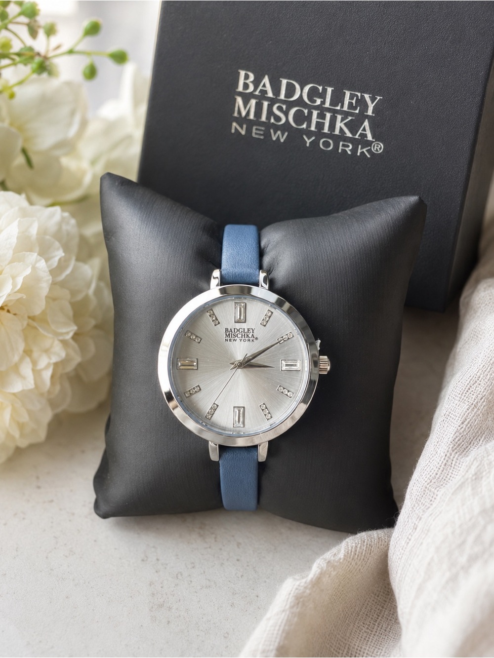 Badgley Mischka New York Elle Crystal Watch – Blue Leather Strap – NIB
